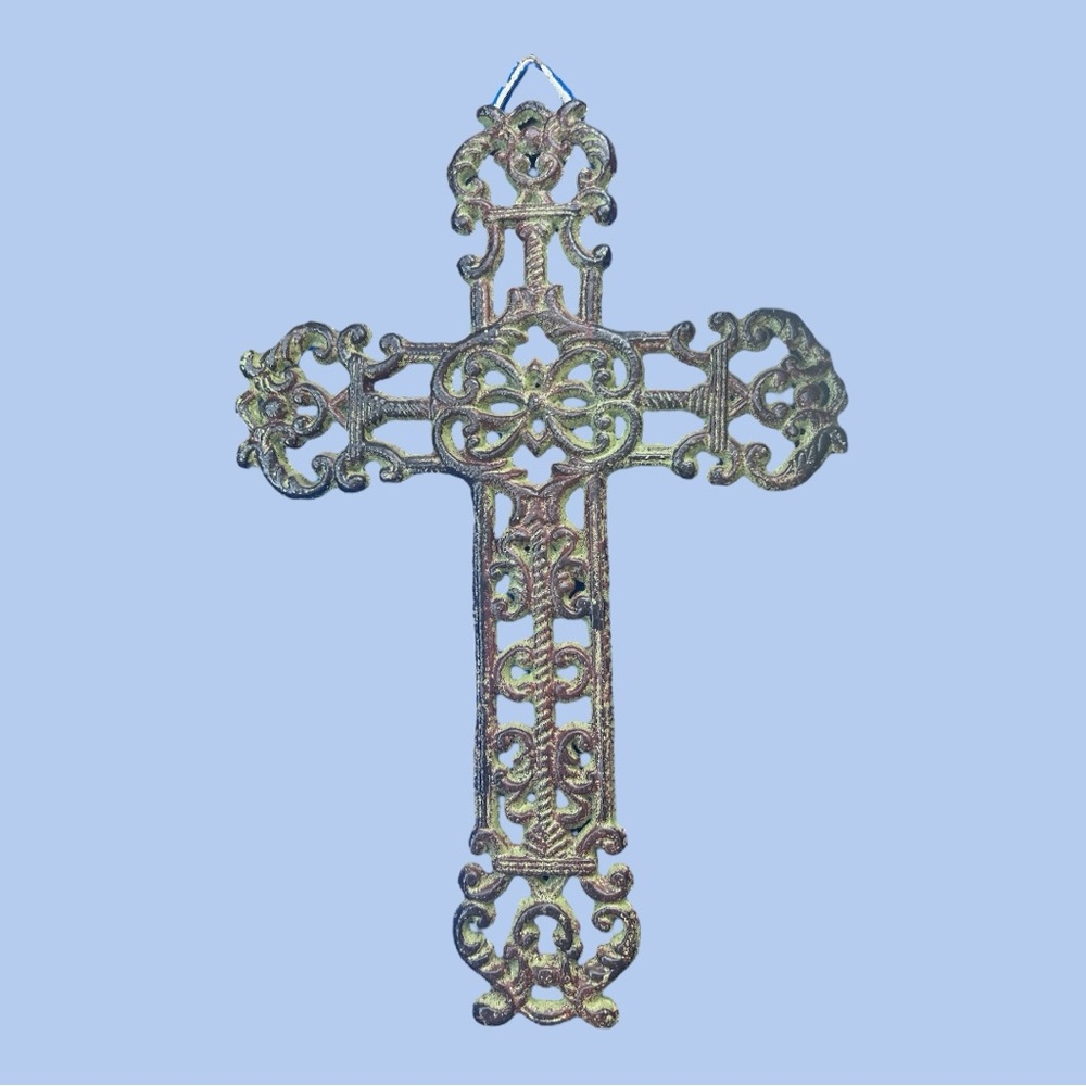 Cast Iron Fleur De Lis Cross Wall Decor Rustic Brown Green Vintage Style 11x8